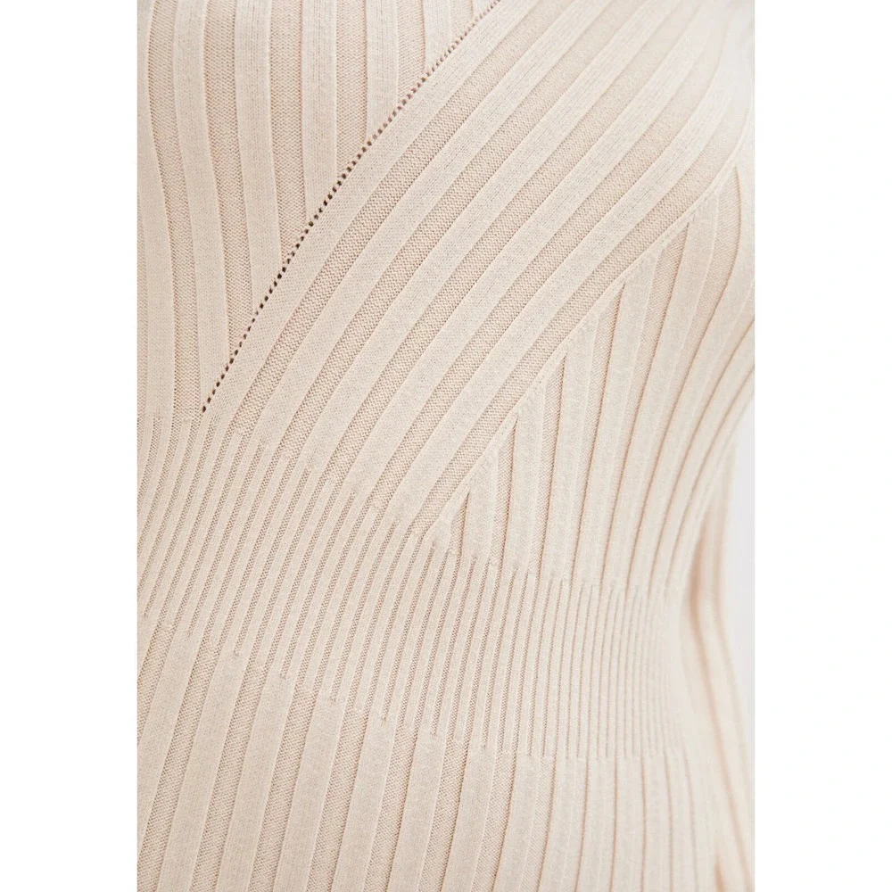 DASTI Bodycon Dress Knit Midi Ribbed Sexy Vestidos De Moda Nude Long Sleeves - Picture 5 of 6